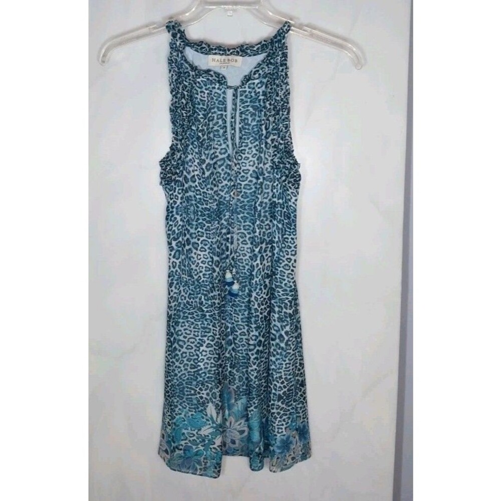 Hale Bob Los Angeles S Teal Leopard Print Shift Dress Lined Pockets Tassel Boho